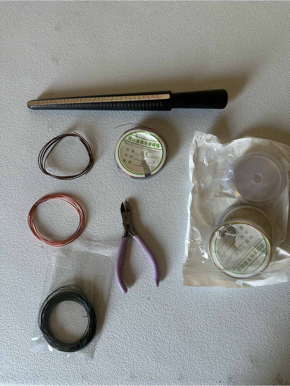 Bead Stringing Jewelry Making Kit with Black Ring Mandrel and Purple Pliers
